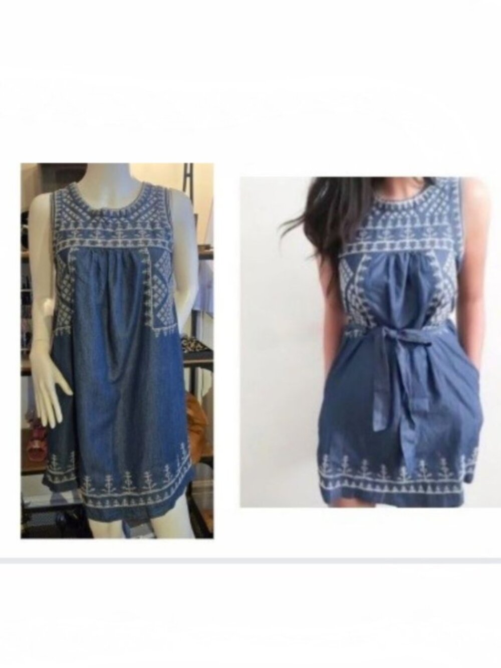 Blue Lyocell embroidered dress with pockets M fits small /XS